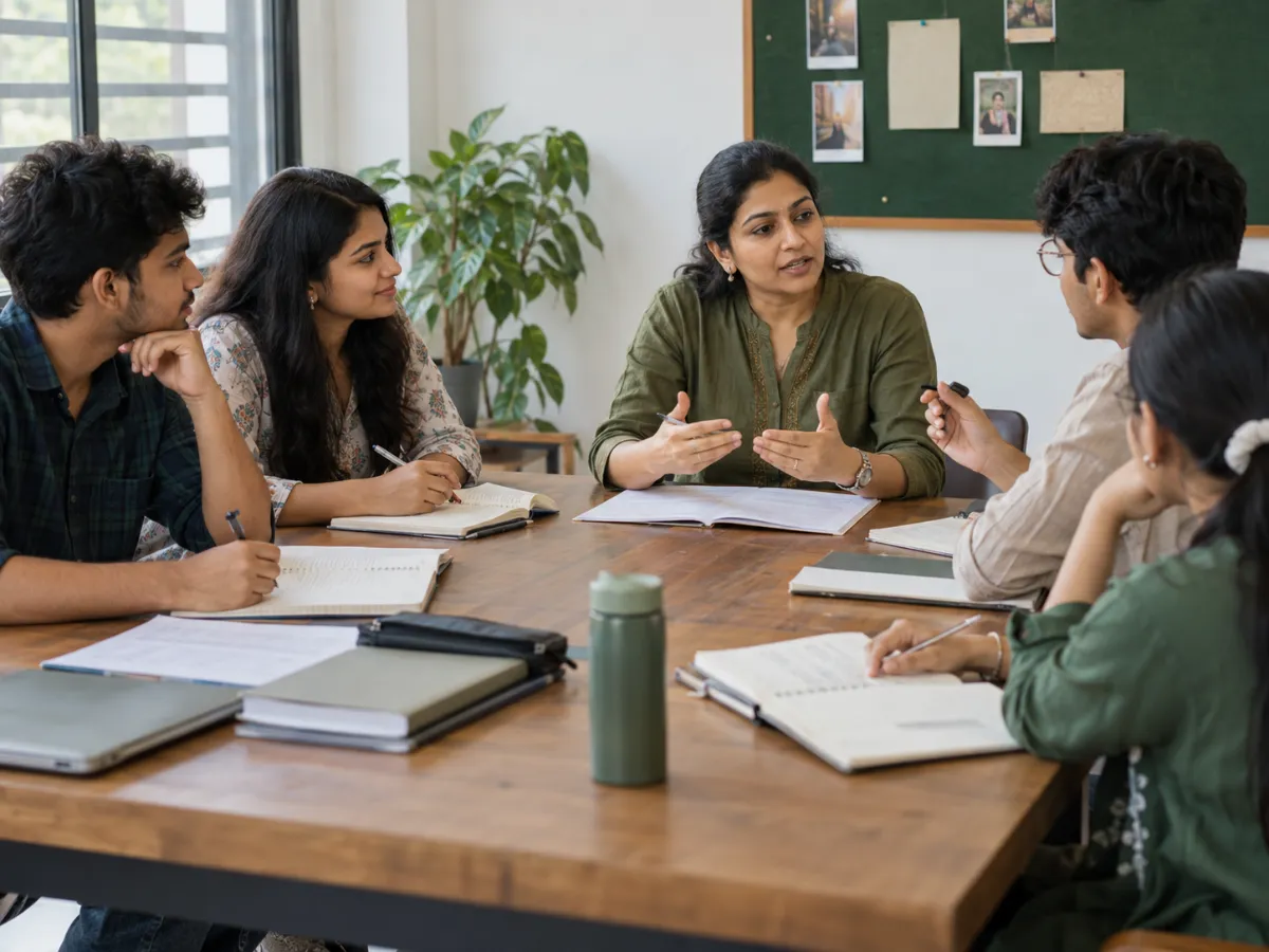A facilitator guiding a small group of students through a performance workshop