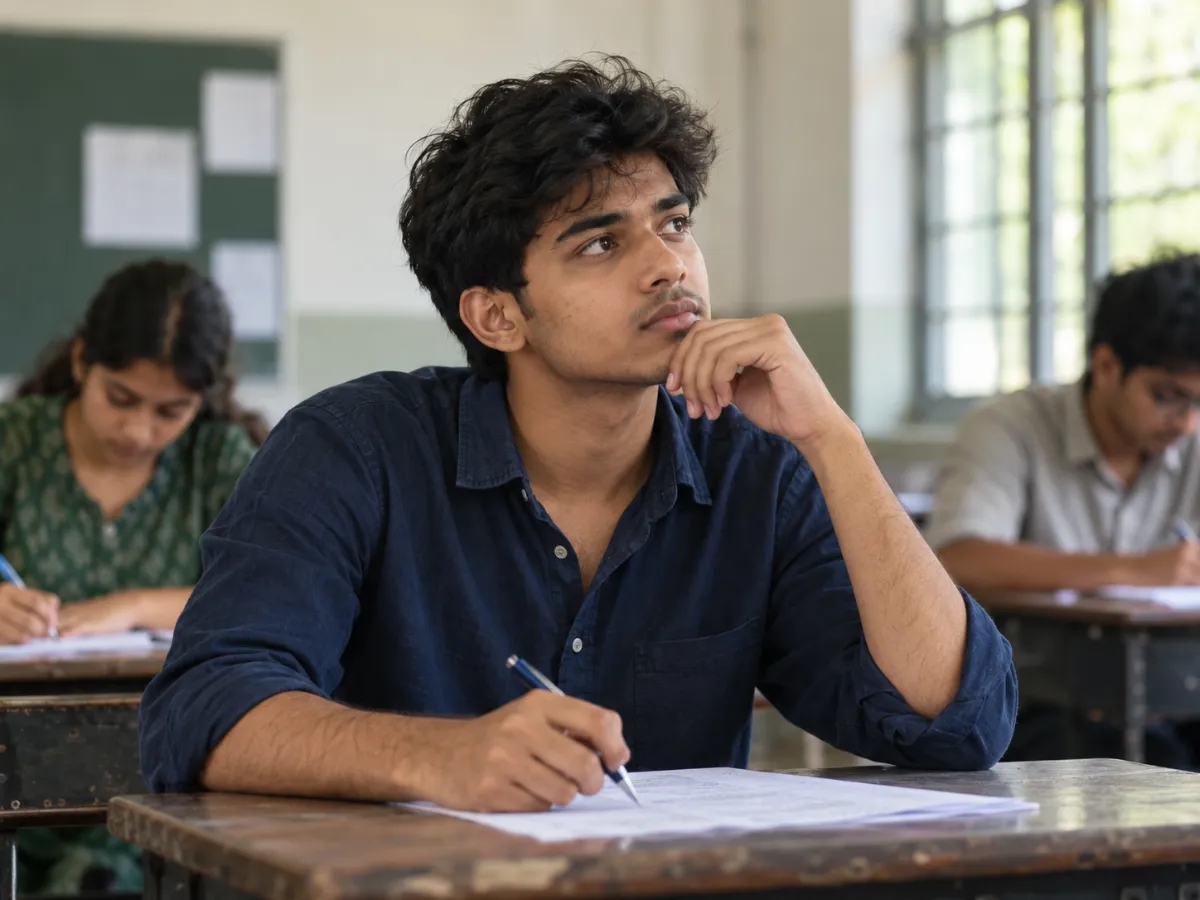 A student in an exam hall pausing mid-answer, trying to recall what he has studied