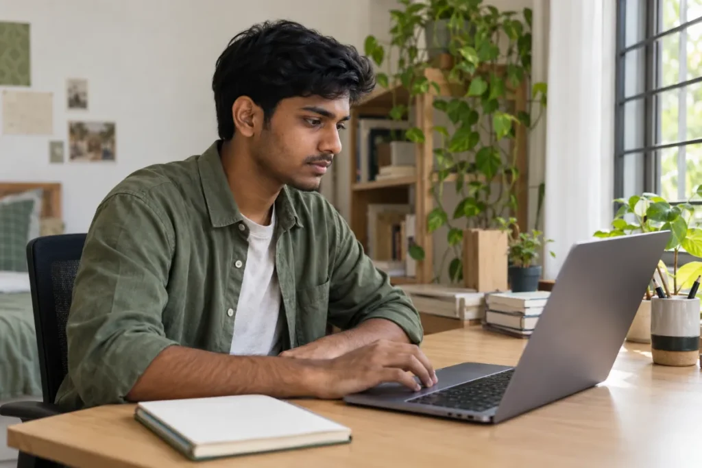 A student taking an online performance assessment on a laptop