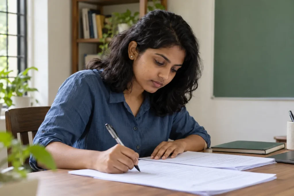 A student working through a structured written performance diagnosis at her desk