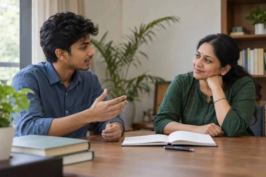 A student in a one-to-one mentoring conversation with a mentor